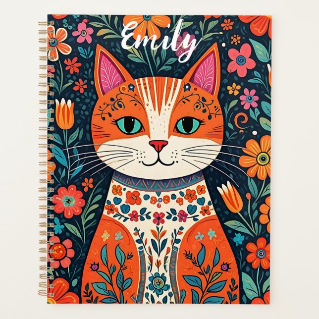 Niedliches Kitten mit Whimsical Folk Art Blume Planer (Vorderseite)