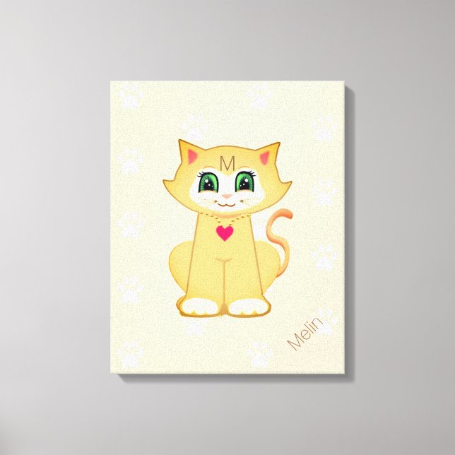 Niedliches Kitty Cat & Paw Muster auf Korallen Leinwanddruck (Vorderseite)