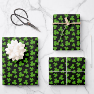 Niedliches Kleeblatt-Muster Schwarz Geschenkpapier Set