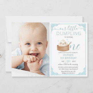 Niedliches kleines Dumpling Blue 1. Geburtstagsfot Einladung