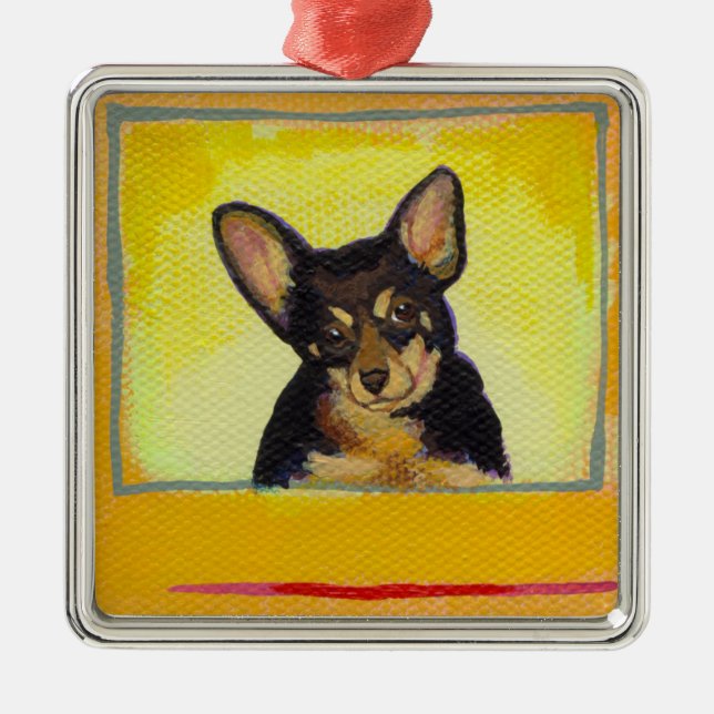 Niedliches kleines Hundekunstschwarzes und tan Silbernes Ornament (Vorne)
