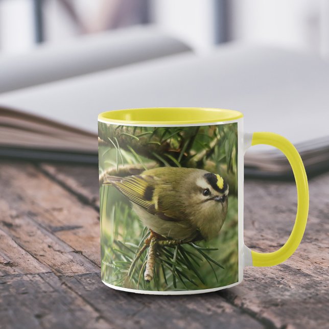 Niedliches Kleines Kinglet verursacht eine Stir in Tasse (Cute Little Kinglet Causes a Stir in the Fir 11 oz Coffee Mug Cover Photo.)