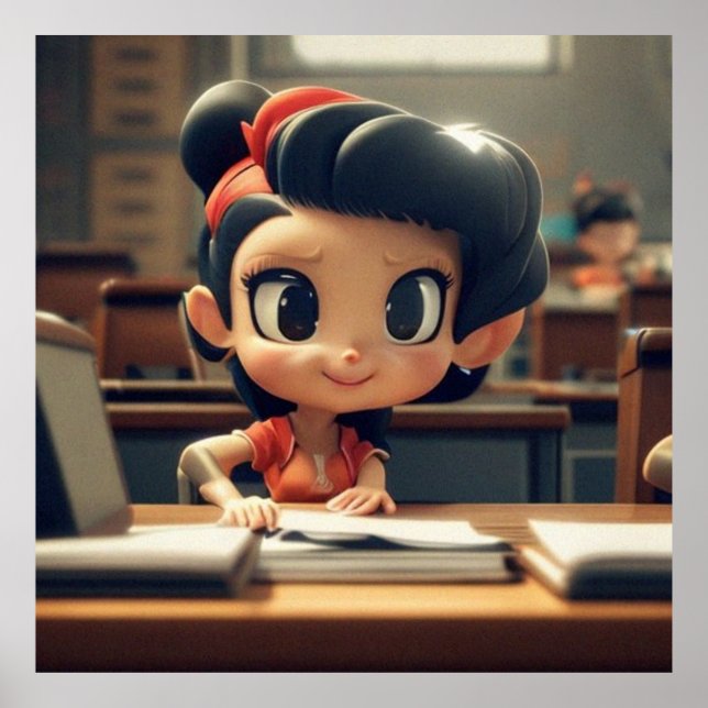 Niedliches kleines Mädchen in der Schule, modernes Poster (Vorne)