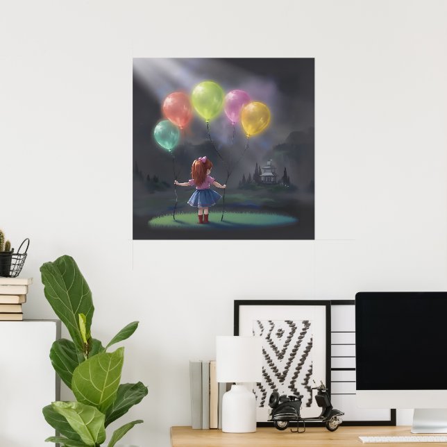 Niedliches kleines Mädchen mit Balloons Poster (Heimbüro)