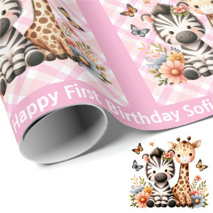 Niedliches kleines Mädchen zum Geburtstag Zootiere Geschenkpapier