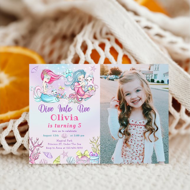 Niedliches kleines Meerjungfrau 5. Geburtstag Foto Einladung (Von Creator hochgeladen)