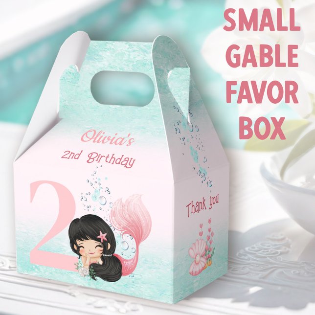 Niedliches kleines Meerjungfrau Dunkles Haar Pink  Geschenkschachtel (Mermaid Small Gable Favor Boxes - You can choose from 3 sizes of these gable favor boxes)