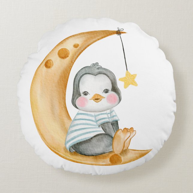 NIEDLICHES KLEINES PENGUIN AUF EINEM MUND UND GESC RUNDES KISSEN (Vorderseite)