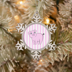 Niedliches kleines Piggy, Baby-Schwein - rosa Schneeflocken Zinn-Ornament