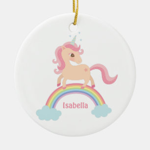 Niedliches Kleines Unicorn auf RegenbogenGirls Keramikornament