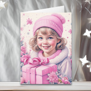 Niedliches kleines Vintages Mädchen in Pink Retro Karte