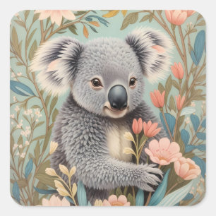 Niedliches Koala Elegantes Pastell-Blumenmuster Quadratischer Aufkleber