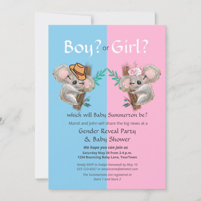 Niedliches Koala Gender Reveal Party / Babydusche Einladung (Vorderseite)