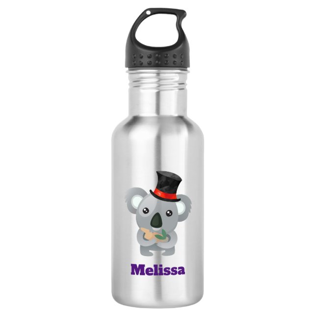 Niedliches Koala in einem Black Top Hat Custom Trinkflasche (Vorderseite)