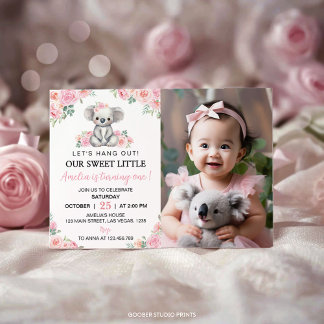Niedliches Koala Rosa Blumengebäck Foto Einladung