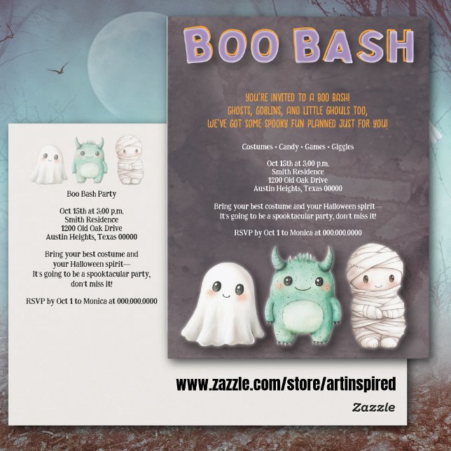 Niedliches KostümHalloween-Party Postkarte (Cute kids Halloween party postcard with fun Boo Bash typography, ghost, mummy & monster.)