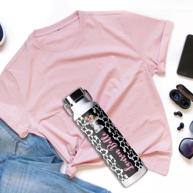 Niedliches Kuhmuster Rosa tropischer Hibiskus Name Trinkflasche (Von Creator hochgeladen)