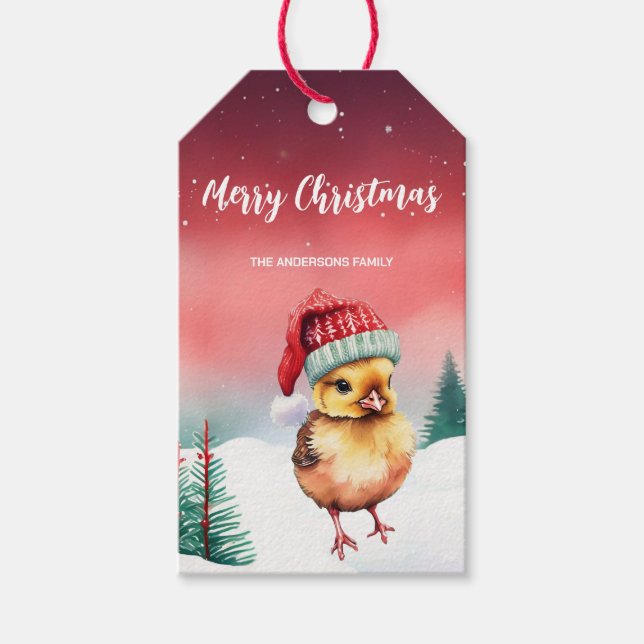 Niedliches Küken Huhn Weihnachten Party Schneekind Geschenkanhänger (Vorderseite)