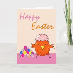 Niedliches Küken mit Ostereiern Frohe Ostern Feiertagskarte