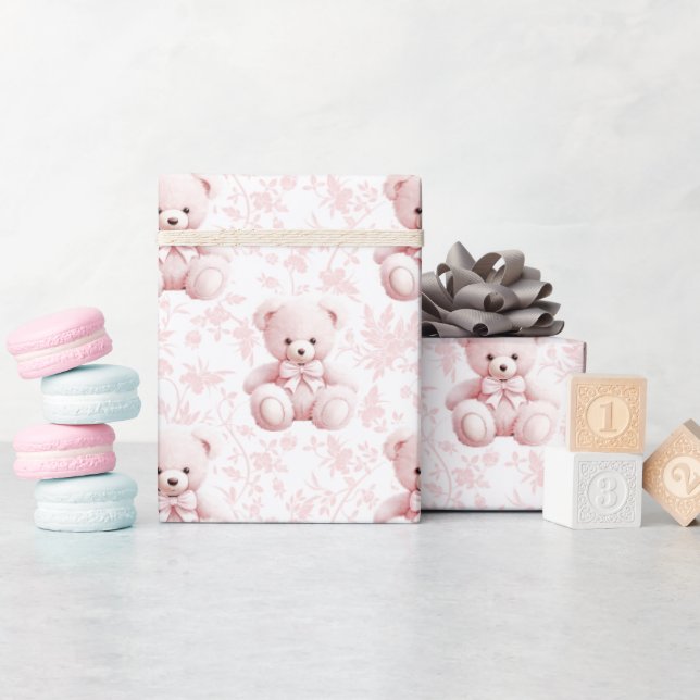 Niedliches Küken-Rosa Teddy Bär Blumenpapier Geschenkpapier (Babyparty)