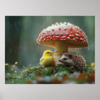 Niedliches Küken und Igel, das sich unter einem Pi