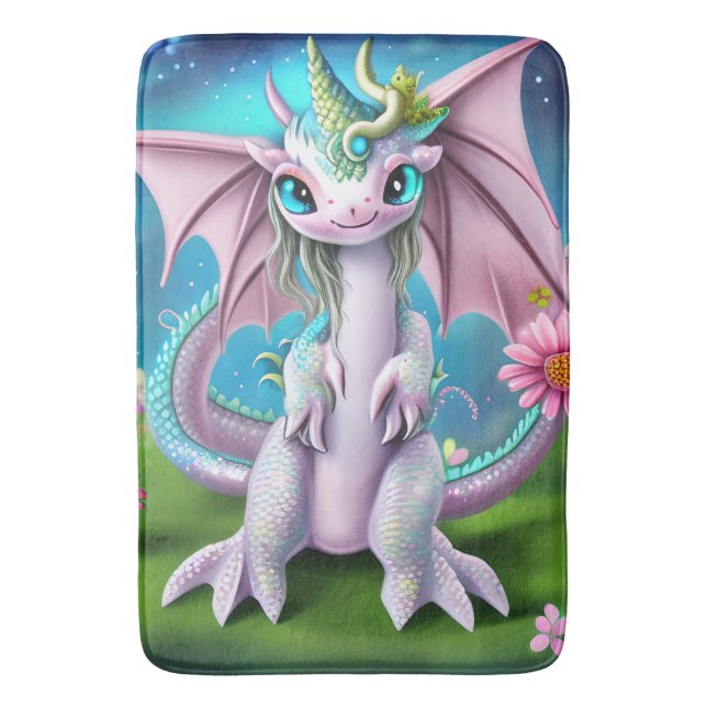 Niedliches Lächeln Baby Dragon mit Blume Badematte (Vorderseite Vertikal)