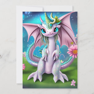 Niedliches Lächeln Baby Dragon mit Blume Feiertagskarte