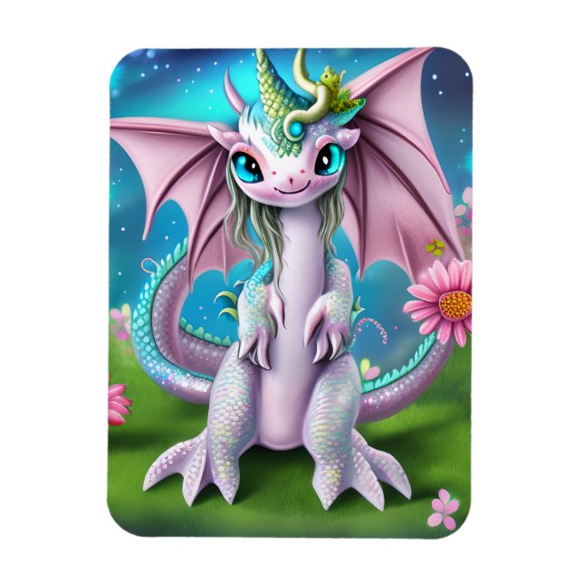 Niedliches Lächeln Baby Dragon mit Blume Magnet (Vertikal)