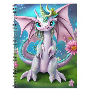 Niedliches Lächeln Baby Dragon mit Blume Notizblock
