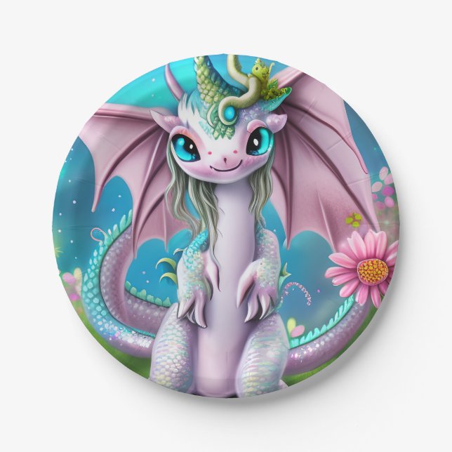 Niedliches Lächeln Baby Dragon mit Blume Pappteller (Vorderseite)