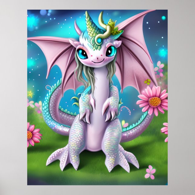 Niedliches Lächeln Baby Dragon mit Blume Poster (Vorne)