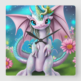 Niedliches Lächeln Baby Dragon mit Blume Quadratische Wanduhr