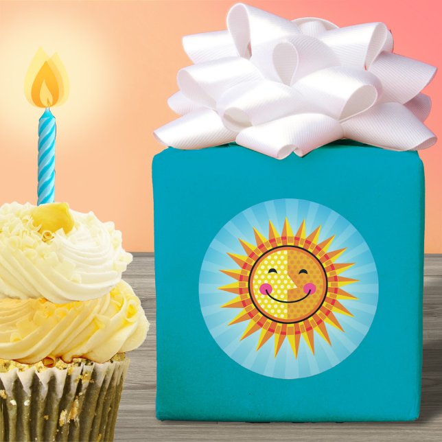 Niedliches Lächeln Sun Gelb Orange Blau Runder Aufkleber (Von Creator hochgeladen)