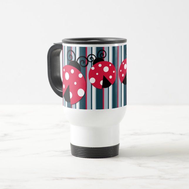 Niedliches Ladybug Red White Stripes Muster Reisebecher (Vorderseite Links)