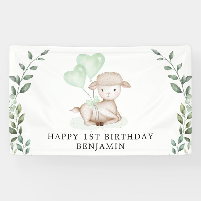 Niedliches Lamb Baby Sheep Greenery Junge Happy Bi Banner (Horizontal)