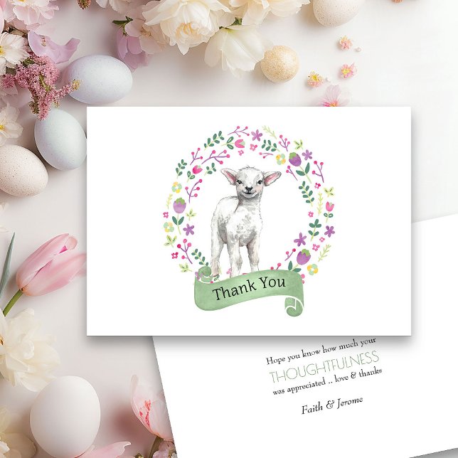 Niedliches Lamm in Doodle Blume Kranz Danke Karte (Spring or Easter Thank you card from my Little Bunny & Little Lamb Baby Shower collection)
