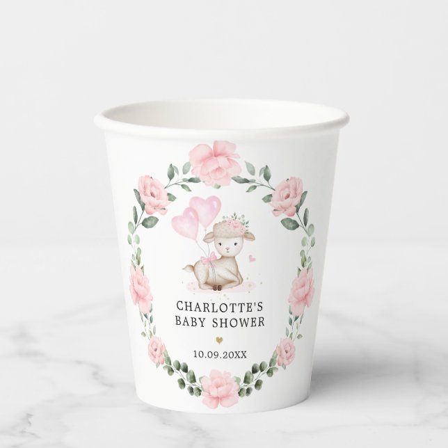 Niedliches Lamm Pink Blumenstrauß & Balloons Baby  Pappbecher (Vorderseite)