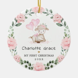Niedliches Lamm Rosa Blumenreath Baby Erste Weihna Keramik Ornament