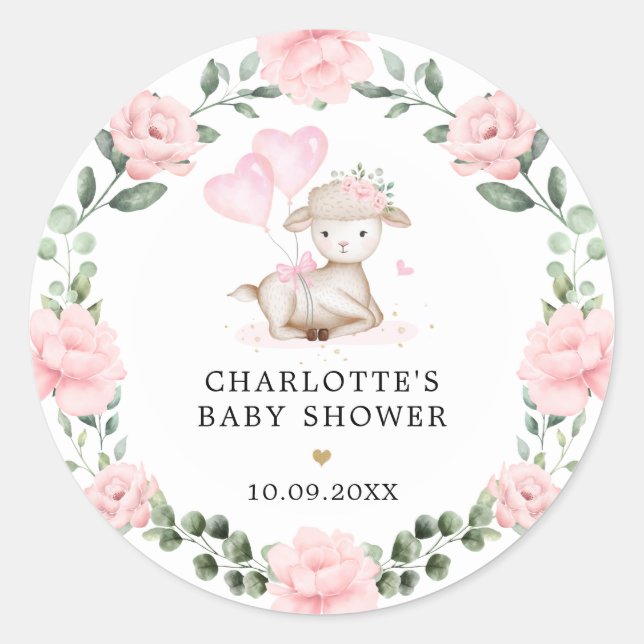 Niedliches Lamm Rosa Blumenreath Baby Erste Weihna Runder Aufkleber (Vorderseite)