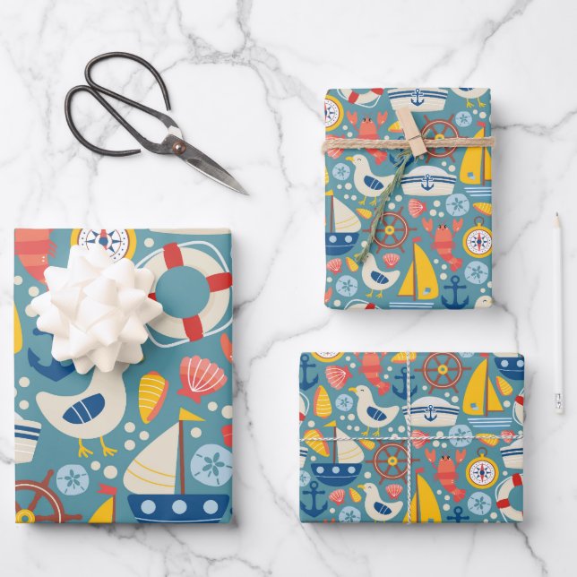Niedliches Leben in der Seefahrt Geschenkpapier Set (Vorderseite)