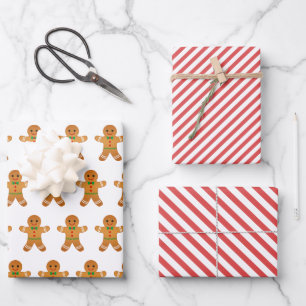 Niedliches Lebkuchen Mann & Roter Streifen Weihnac Geschenkpapier Set
