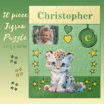 Niedliches Leopard-Foto heißt grüngelbe Kinder Puzzle<br><div class="desc">30 Stück Puzzle für Kinder. Mit einem niedlichen Leoparden,  mit Sternen und Liebe Herz. Fügen Sie einen Namen,  ein Initial und ein Foto hinzu. Farbschema: Grün und Gelb Geschenkidee für Kinder.</div>