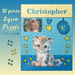 Niedliches Leopard-Foto mit dem Namen Blaugelbe Ki Puzzle<br><div class="desc">30 Stück Puzzle für Kinder. Mit einem niedlichen Leoparden,  mit Sternen und Liebe Herz. Fügen Sie einen Namen,  ein Initial und ein Foto hinzu. Farbschema: blaue und gelbe Geschenkidee für Kinder.</div>