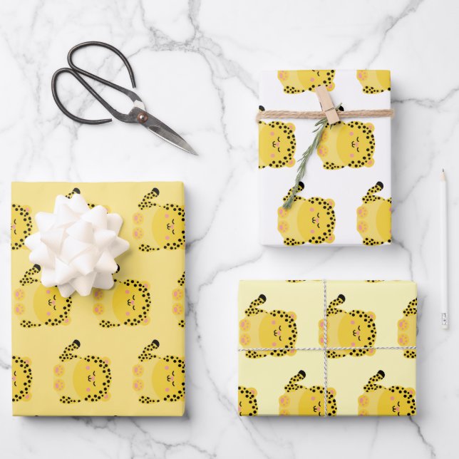 Niedliches Leopardenpapier im kawaii-Stil Geschenkpapier Set (Vorderseite)