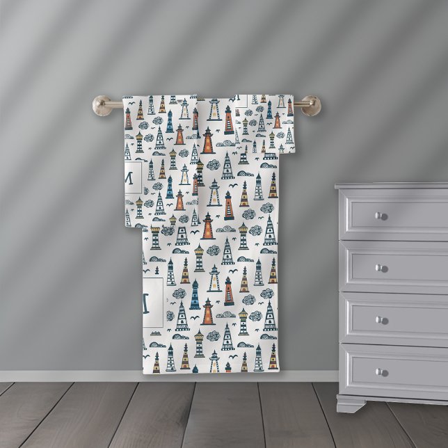 Niedliches Leuchtturm Nahtloses Muster Mit Monogra Badhandtuch Set (Von Creator hochgeladen)