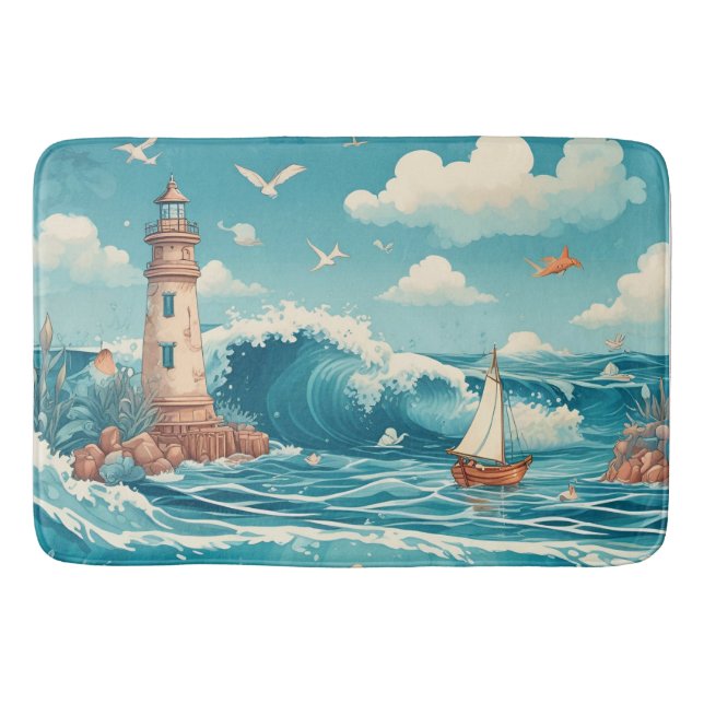 Niedliches Leuchtturm & Ocean Dreamscape Badematte (Vorderseite)