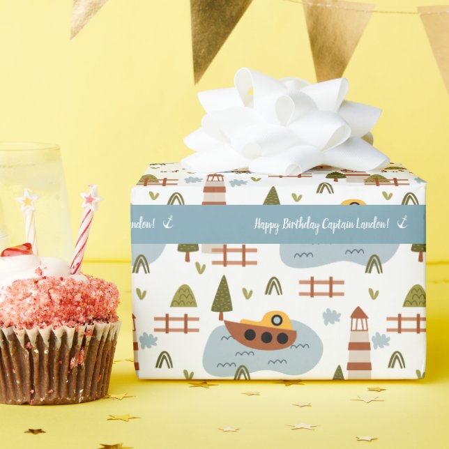 Niedliches Leuchtturm und Muster für das Kid-Boot Geschenkpapier (Geburtstagsparty)