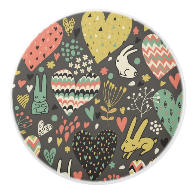 Niedliches Liebehäschenmuster mit Herzen Keramikknauf (Vorderseite)