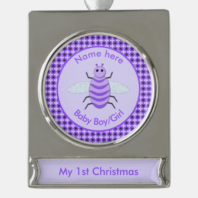 Niedliches Lila Baby Bee Neutral Erste Weihnachtsf Banner-Ornament Silber (Vorderseite)