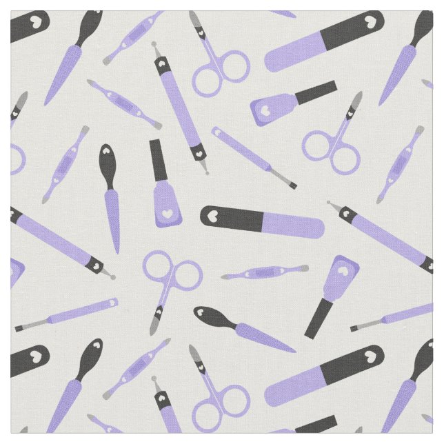 Niedliches Lila Black Manicurist-Toolmuster Stoff (Nahaufnahme)